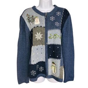 Womens Sweater L Blue Cardigan Zip Up Casual Winter Snowmen